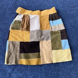 Vintage Patchwork Suede Skirt Womens Medium Multicolor A-Line Bohemian Pockets